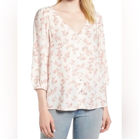 Hinge | Navy V Neck Floral Button Front Blouse 3/4 Sleeve Sz L - Picture 9 of 9